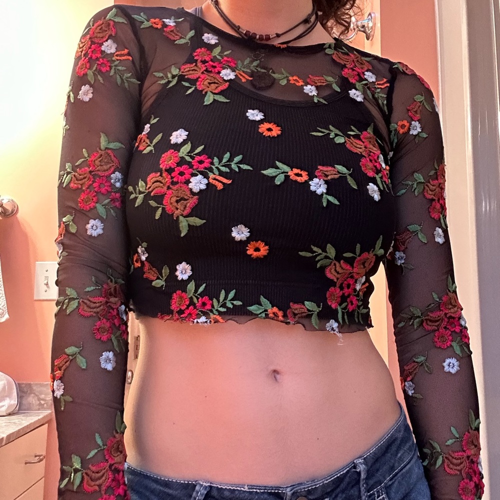 Urban Outfitters black mesh top with colorful flower design